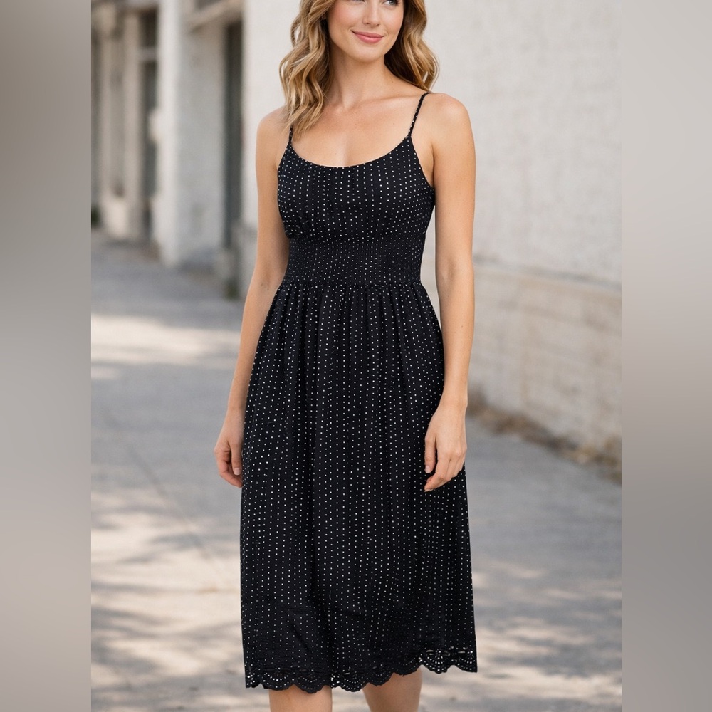 Ann Taylor Black White Polka Dot Midi Dress Eyelet Hem‎ Spaghetti Straps Size 4
